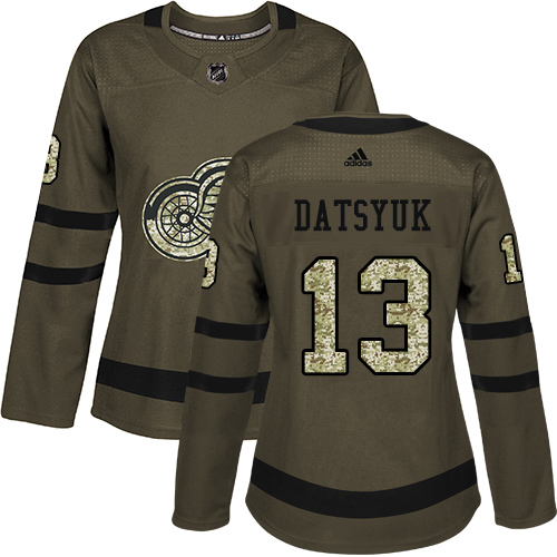 Adidas Red Wings #13 Pavel Datsyuk Green Salute to Service Women's Stitched NHL Jersey - Click Image to Close